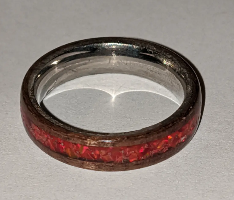 Walnut Ring with Red Opal Inlay